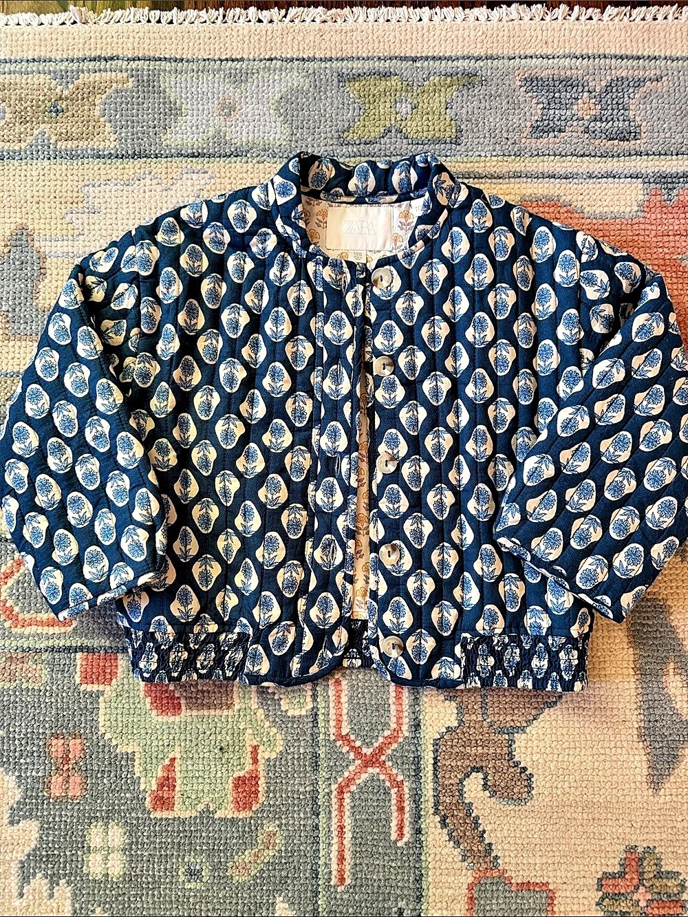 Zara Girls Floral Print Jacket Blue & Cream Size 9 Years